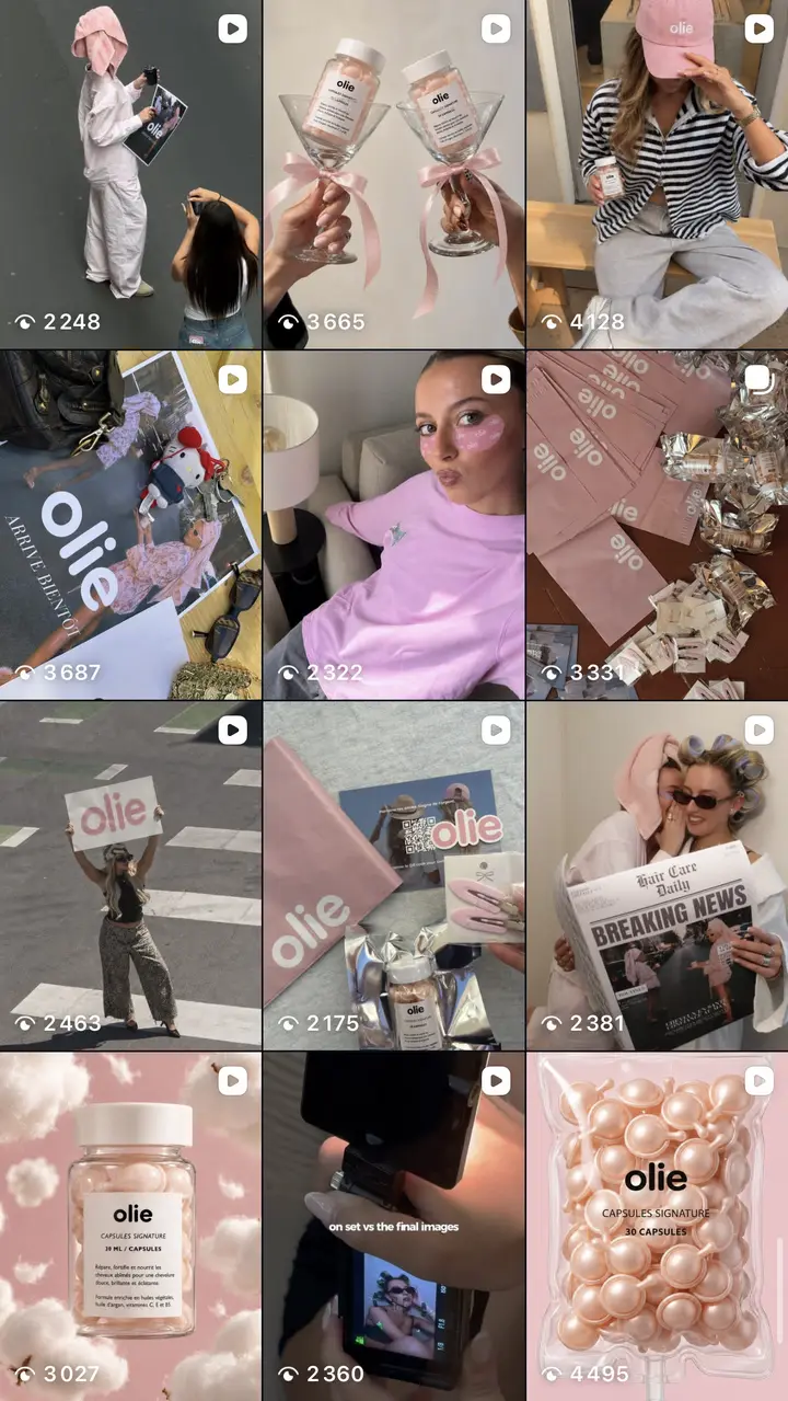 Grille du compte Instagram @olie_care : capsules, flacons et shootings aux tons roses